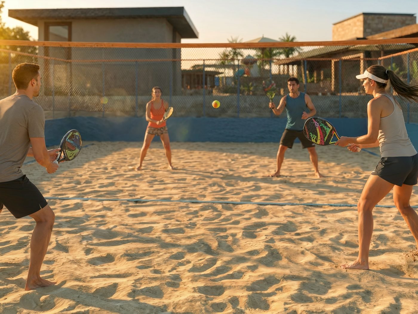 Quadra de areia com pessoas jogando beach tennis