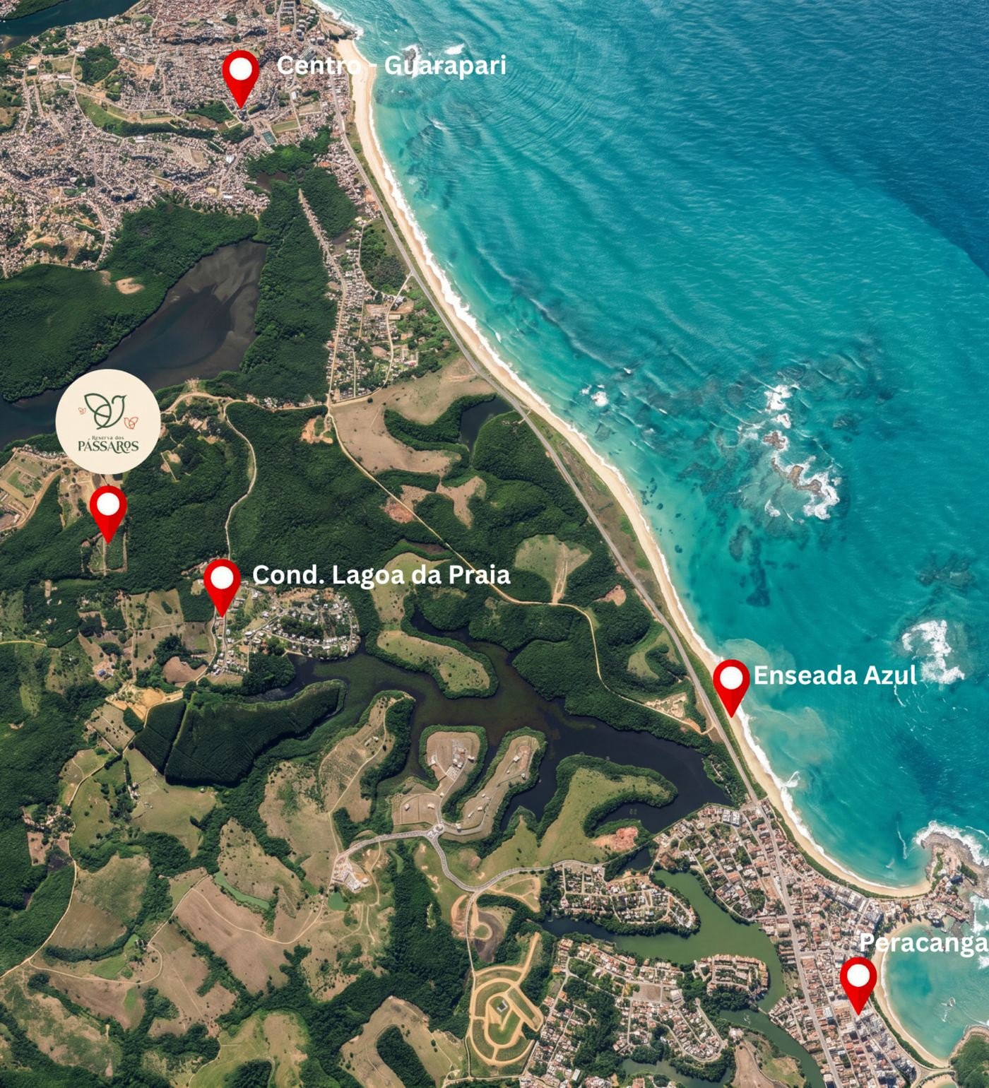 Mapa da região: Centro de Guarapari, Enseada Azul e o Reserva dos Pássaros