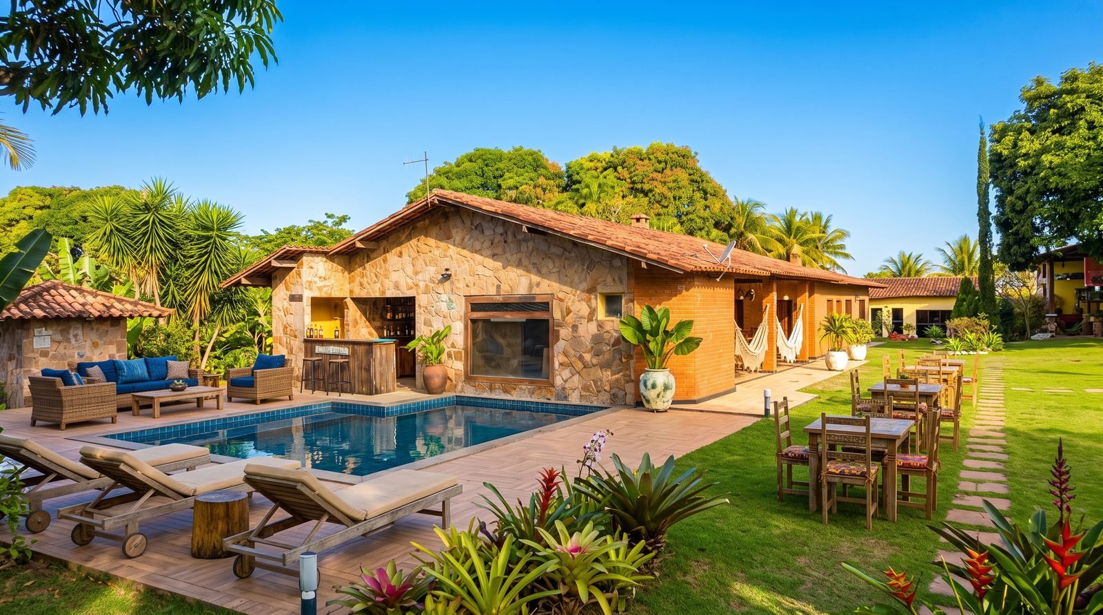 Piscina da pousada entre jardins tropicais e casa de pedra